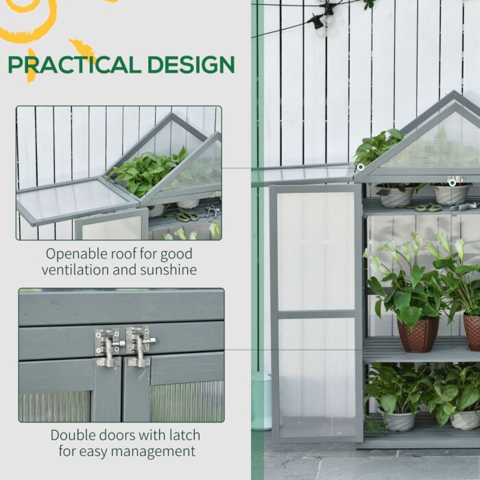 Outsunny 3-tier Wooden Cold Frame Greenhouse Garden Polycarbonate Grow House W/ Adjustable Shelves, Double Doors, 80 X 47 X 138cm, Grey