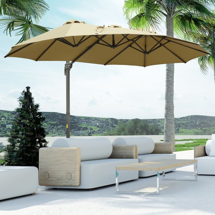 Outsunny 4.5m Double-sided Rectangular Patio Parasol, Large Garden Umbrella With Crank Handle, 360° Cross Base For Bench, Khaki