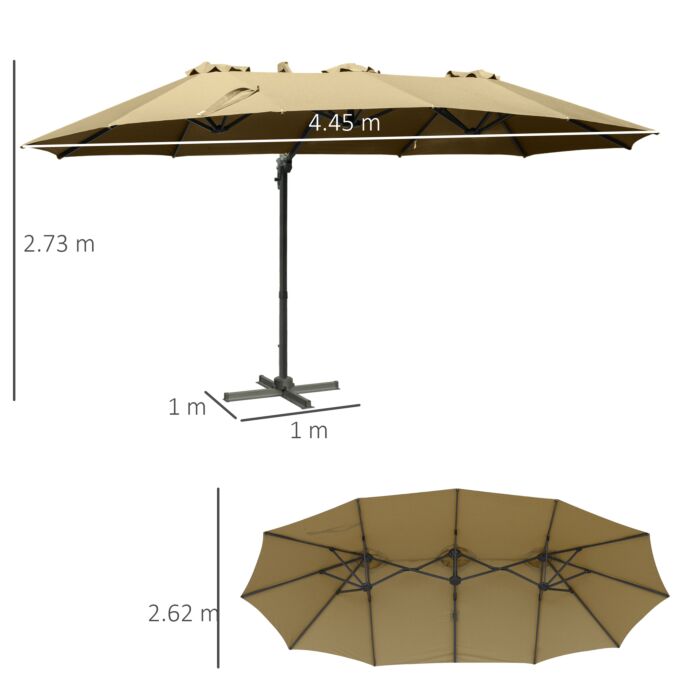 Outsunny 4.5m Double-sided Rectangular Patio Parasol, Large Garden Umbrella With Crank Handle, 360° Cross Base For Bench, Khaki