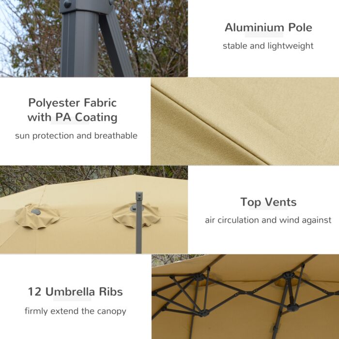 Outsunny 4.5m Double-sided Rectangular Patio Parasol, Large Garden Umbrella With Crank Handle, 360° Cross Base For Bench, Khaki