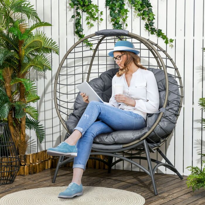 Outsunny Folding Rattan Egg Chair, Freestanding Basket Chair With Cushion, Bottle Holder Bag For Outdoor Or Indoor, Grey And Black