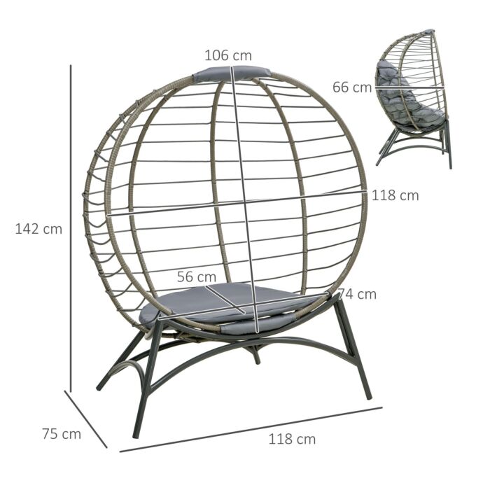 Outsunny Folding Rattan Egg Chair, Freestanding Basket Chair With Cushion, Bottle Holder Bag For Outdoor Or Indoor, Grey And Black