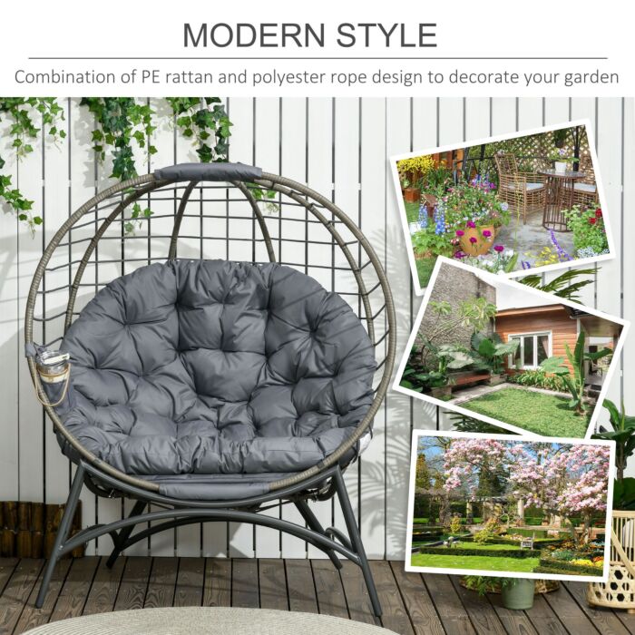 Outsunny Folding Rattan Egg Chair, Freestanding Basket Chair With Cushion, Bottle Holder Bag For Outdoor Or Indoor, Grey And Black