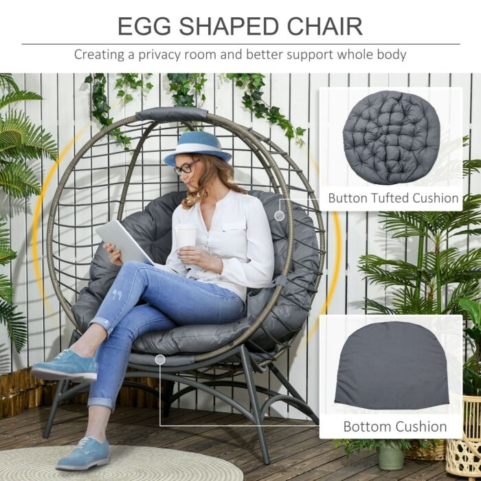 Outsunny Folding Rattan Egg Chair, Freestanding Basket Chair With Cushion, Bottle Holder Bag For Outdoor Or Indoor, Grey And Black