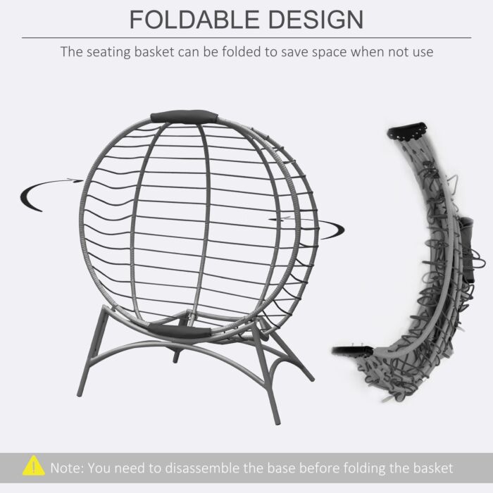 Outsunny Folding Rattan Egg Chair, Freestanding Basket Chair With Cushion, Bottle Holder Bag For Outdoor Or Indoor, Grey And Black