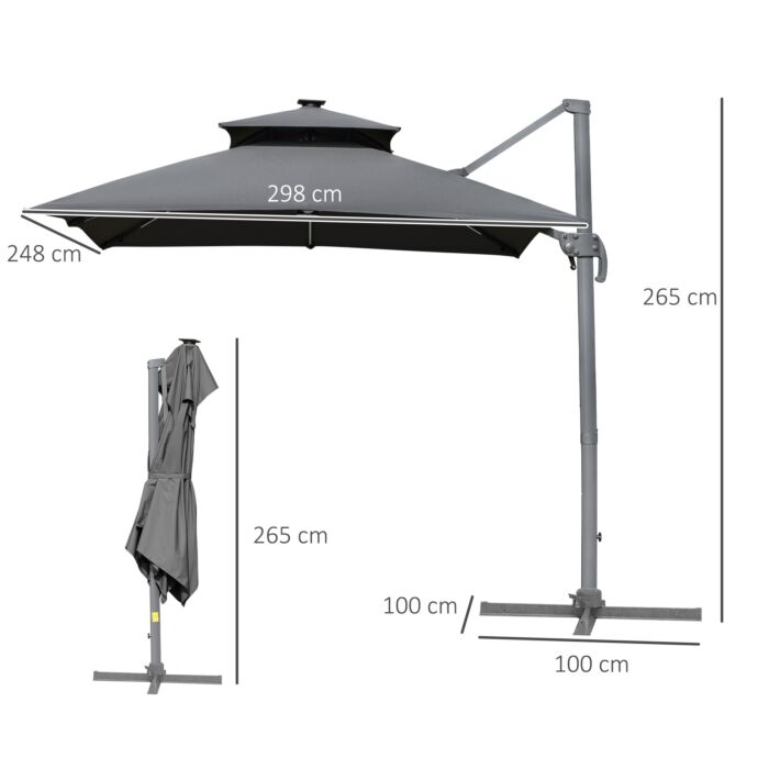 Outsunny 3m Cantilever Parasol, Outdoor Offset Patio Umbrella, Solar Led Lighted Hanging Sun Shade Canopy W/ Tilt And Crank Handle, Cross Base, Grey