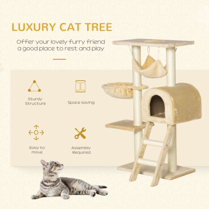 Pawhut Cat Tree Tower Kitten Activity Centre Scratching Post W/ Hammock Condo Bed Basket Ladder 98 Cm, Beige