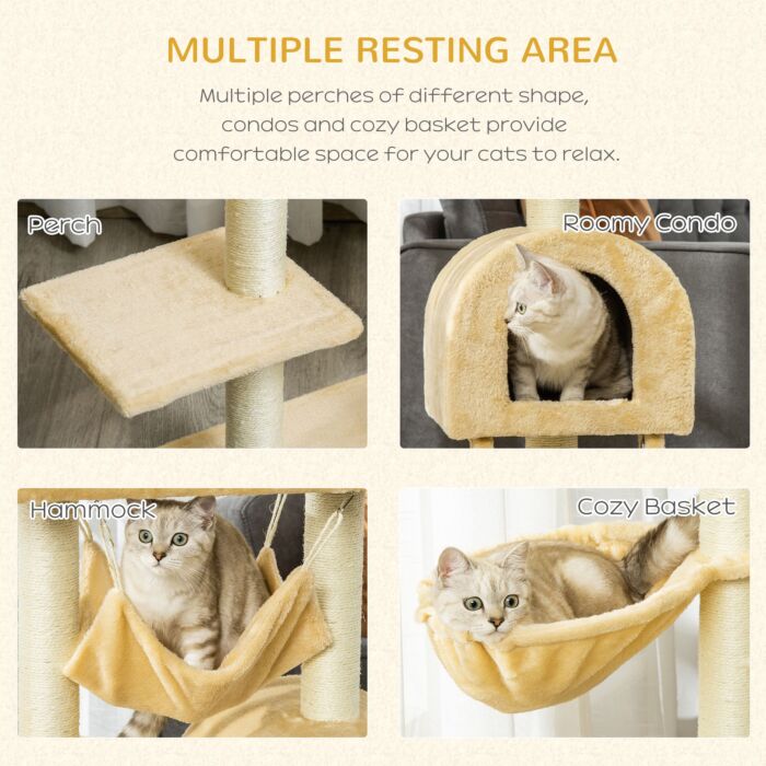 Pawhut Cat Tree Tower Kitten Activity Centre Scratching Post W/ Hammock Condo Bed Basket Ladder 98 Cm, Beige