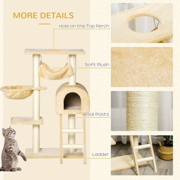 Pawhut Cat Tree Tower Kitten Activity Centre Scratching Post W/ Hammock Condo Bed Basket Ladder 98 Cm, Beige
