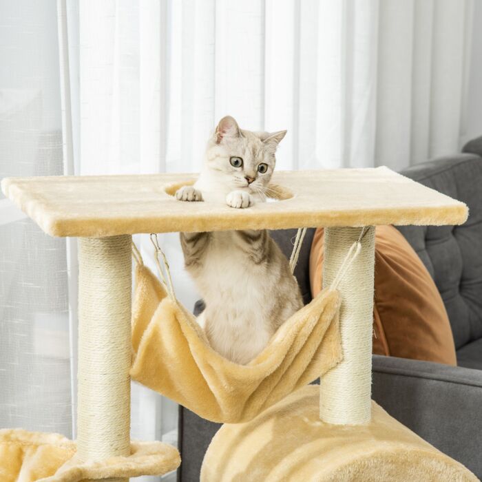 Pawhut Cat Tree Tower Kitten Activity Centre Scratching Post W/ Hammock Condo Bed Basket Ladder 98 Cm, Beige