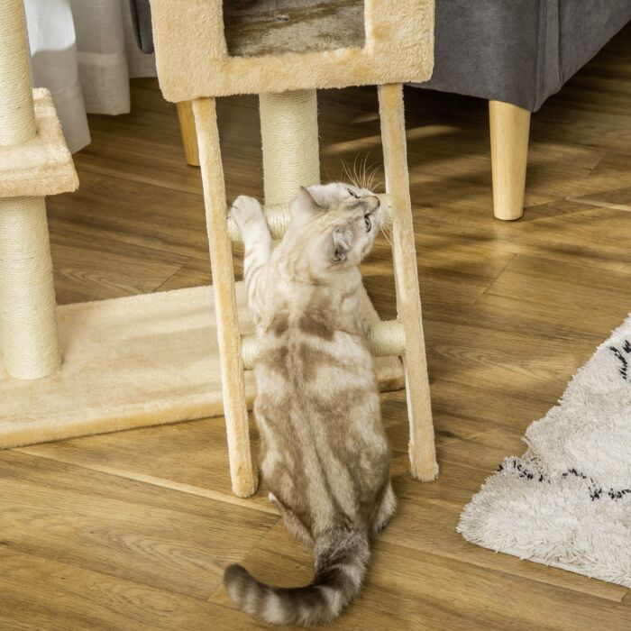Pawhut Cat Tree Tower Kitten Activity Centre Scratching Post W/ Hammock Condo Bed Basket Ladder 98 Cm, Beige
