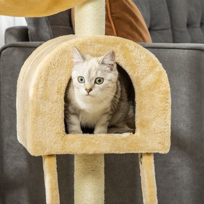 Pawhut Cat Tree Tower Kitten Activity Centre Scratching Post W/ Hammock Condo Bed Basket Ladder 98 Cm, Beige
