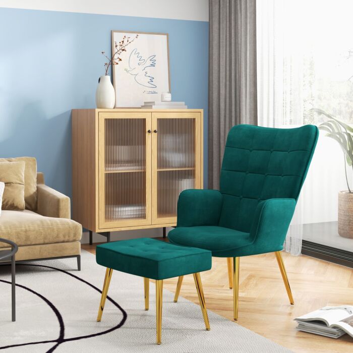 Homcom Upholstered Armchair W/ Footstool Set, Modern Button Tufted Accent Chair W/ Gold Tone Steel Legs, Wingback Chair, Dark Green