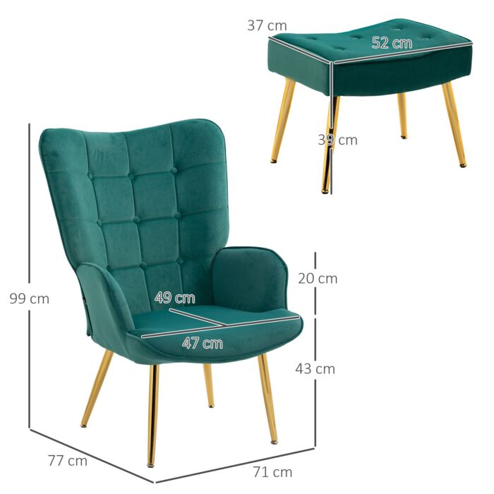 Homcom Upholstered Armchair W/ Footstool Set, Modern Button Tufted Accent Chair W/ Gold Tone Steel Legs, Wingback Chair, Dark Green