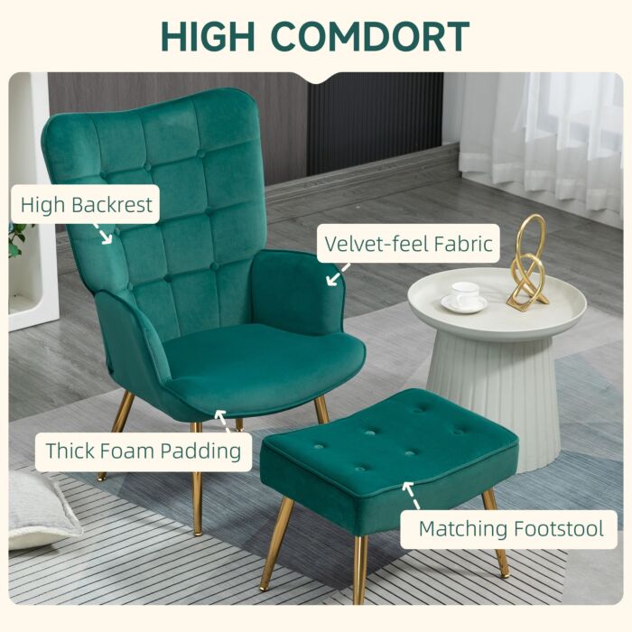 Homcom Upholstered Armchair W/ Footstool Set, Modern Button Tufted Accent Chair W/ Gold Tone Steel Legs, Wingback Chair, Dark Green