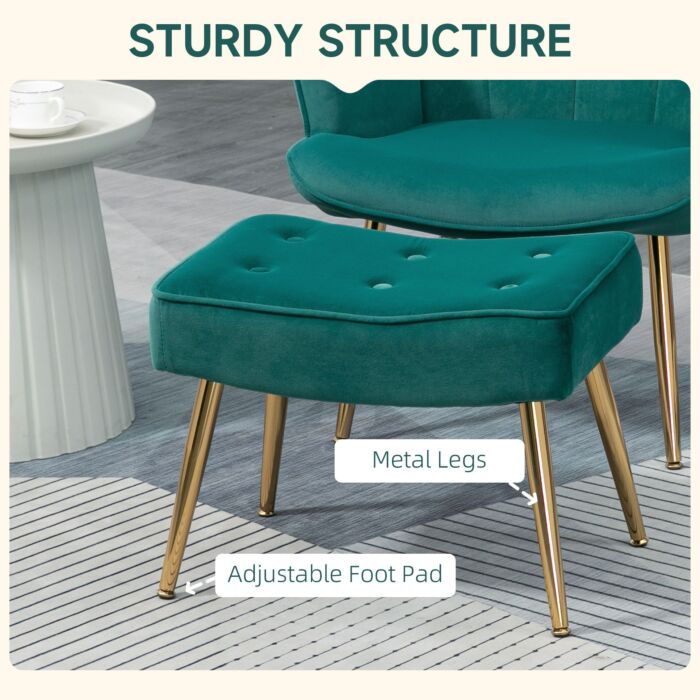 Homcom Upholstered Armchair W/ Footstool Set, Modern Button Tufted Accent Chair W/ Gold Tone Steel Legs, Wingback Chair, Dark Green