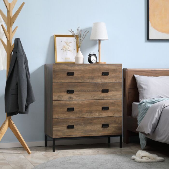 Homcom Chest Of Drawers, 4-drawer Storage Organiser Unit With Metal Frame, Brown