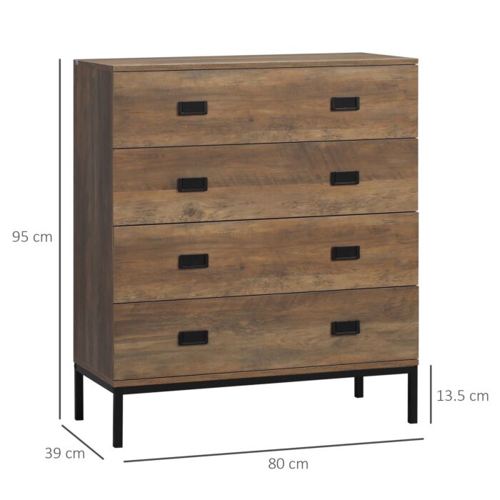 Homcom Chest Of Drawers, 4-drawer Storage Organiser Unit With Metal Frame, Brown