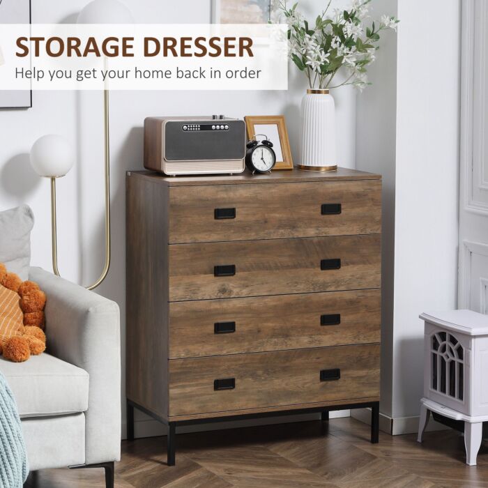 Homcom Chest Of Drawers, 4-drawer Storage Organiser Unit With Metal Frame, Brown