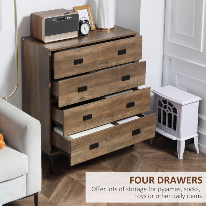 Homcom Chest Of Drawers, 4-drawer Storage Organiser Unit With Metal Frame, Brown