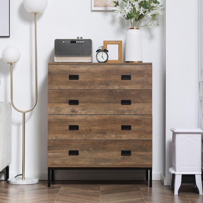 Homcom Chest Of Drawers, 4-drawer Storage Organiser Unit With Metal Frame, Brown