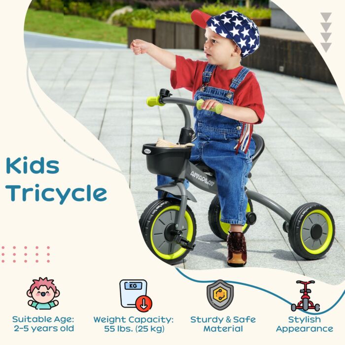 Aiyaplay Kids Trike, Tricycle, With Adjustable Seat, Basket, Bell, For Ages 2-5 Years - Black