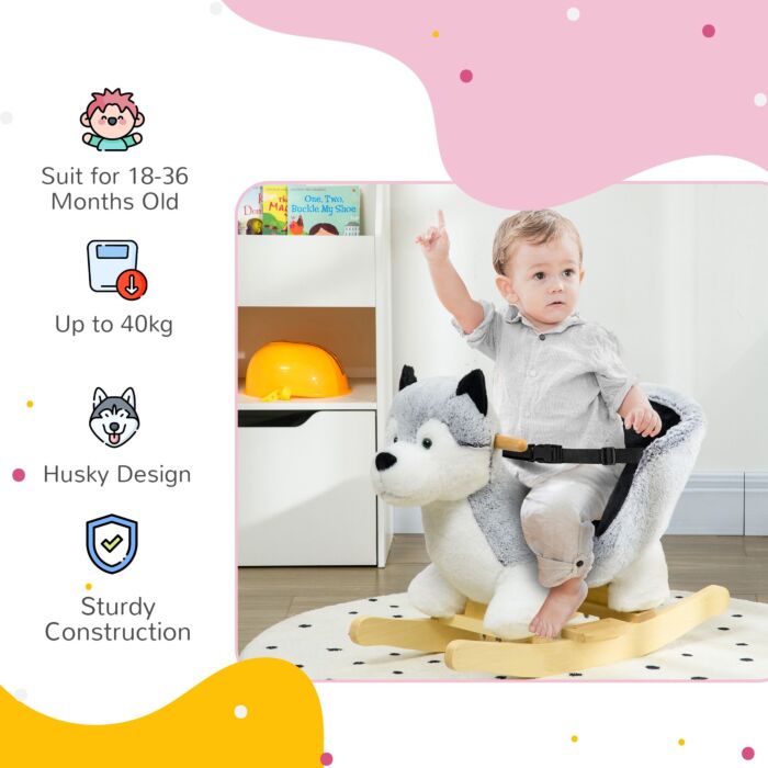 Homcom Baby Rocking Horse, Husky-shaped Plush Wooden Child Rocking Animal W/ Seat Belt, Ride On Toy For Kids 18-36 Months, Grey