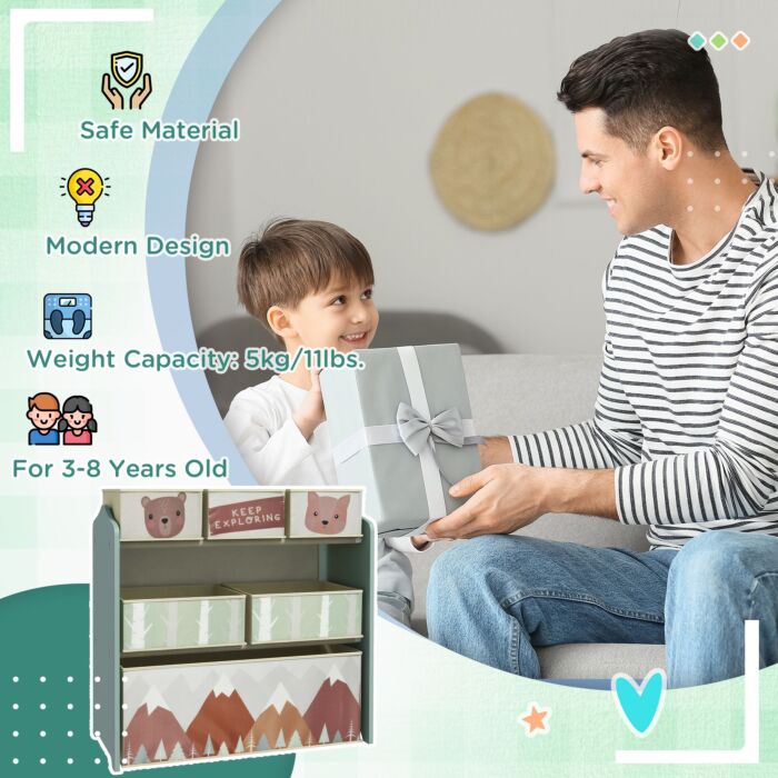Zonekiz Kids Storage Units With 6 Fabric Bins, Childrens Toy Storage Organiser, 63 X 30 X 66cm, Green