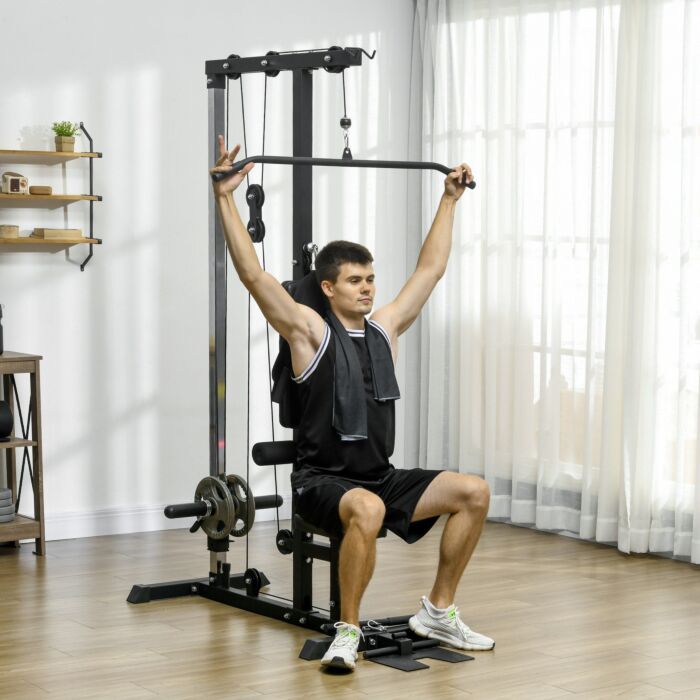 Sportnow Pull Up Station With Adjustable Seat, Power Tower For Chin Up And Lat Pulldown Exercises, Multi-function Fitness Equipment With Flip-up Footplate, For Home Gym, Black