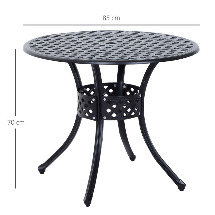 Outsunny 85cm Round Garden Table With Umbrella Hole, Aluminium Grid Motif Outdoor Dining Table For Garden Patio, Black