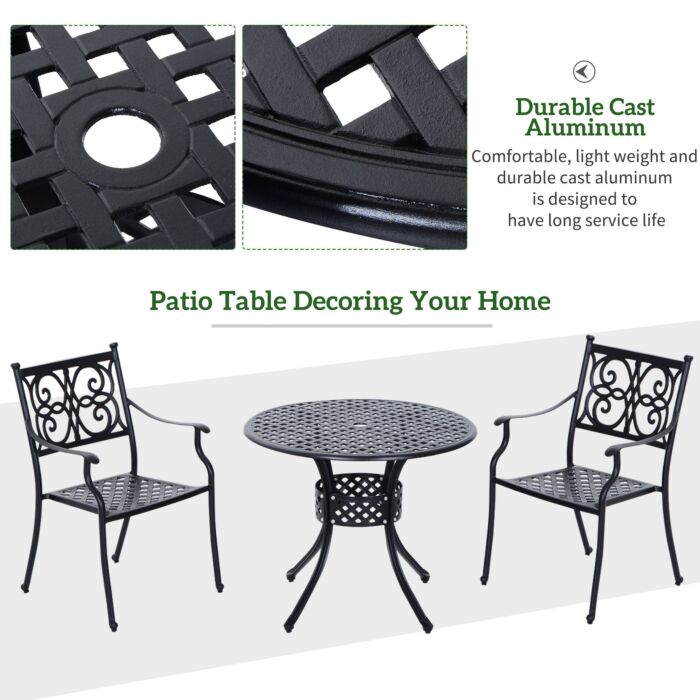 Outsunny 85cm Round Garden Table With Umbrella Hole, Aluminium Grid Motif Outdoor Dining Table For Garden Patio, Black