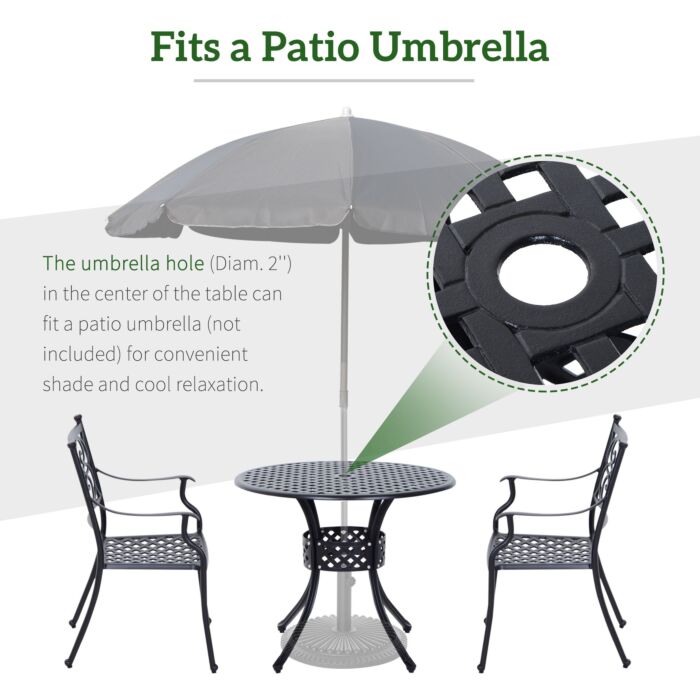 Outsunny 85cm Round Garden Table With Umbrella Hole, Aluminium Grid Motif Outdoor Dining Table For Garden Patio, Black