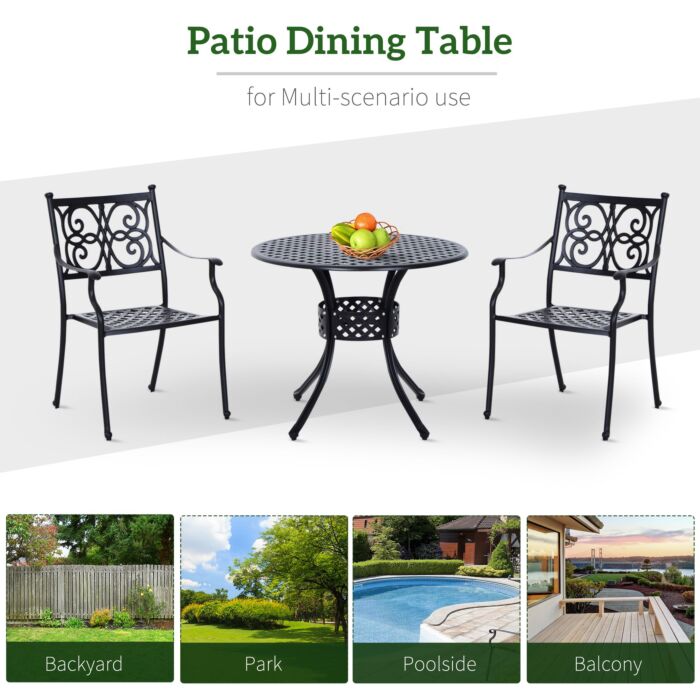 Outsunny 85cm Round Garden Table With Umbrella Hole, Aluminium Grid Motif Outdoor Dining Table For Garden Patio, Black
