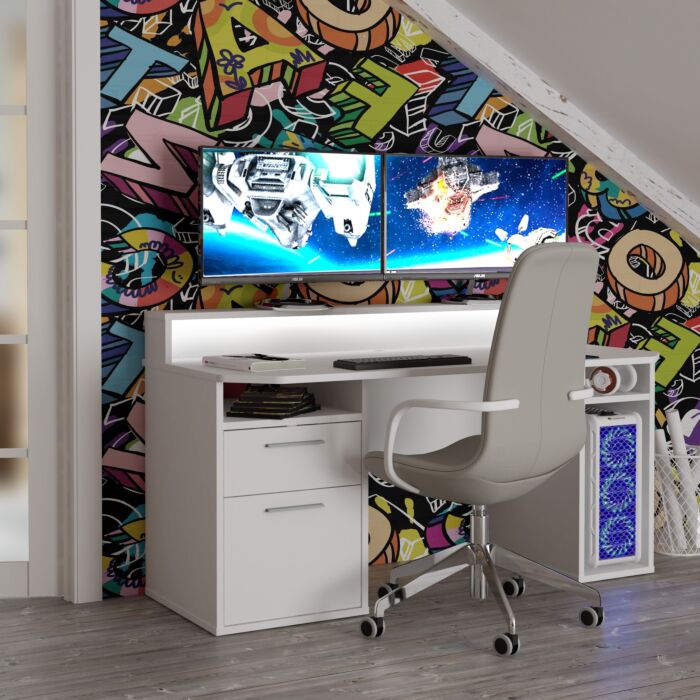 Tezaur Gaming Desk With Blue Led In White