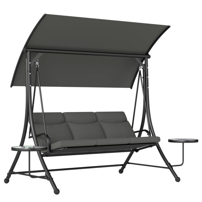 Outsunny 3 Seater Garden Swing Chair With Adjustable Canopy, Cushion And Coffee Tables For Outdoor Dark Grey