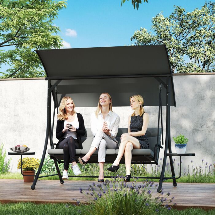Outsunny 3 Seater Garden Swing Chair With Adjustable Canopy, Cushion And Coffee Tables For Outdoor Dark Grey