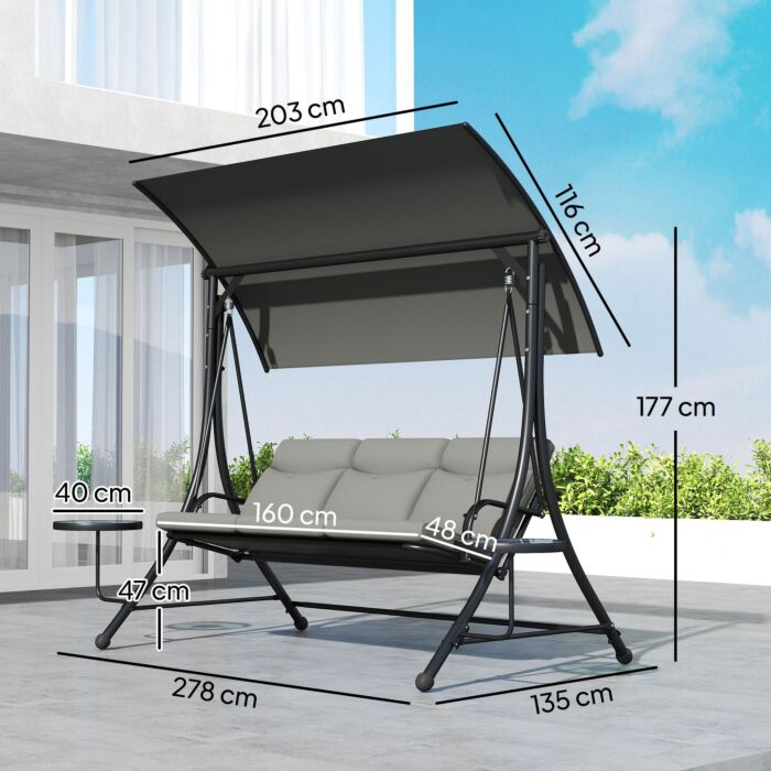 Outsunny 3 Seater Garden Swing Chair With Adjustable Canopy, Cushion And Coffee Tables For Outdoor Dark Grey