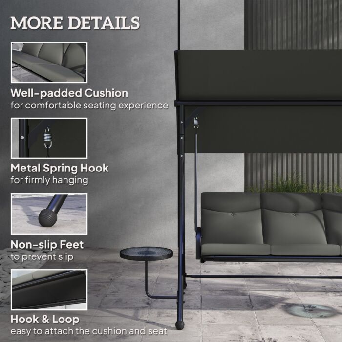 Outsunny 3 Seater Garden Swing Chair With Adjustable Canopy, Cushion And Coffee Tables For Outdoor Dark Grey