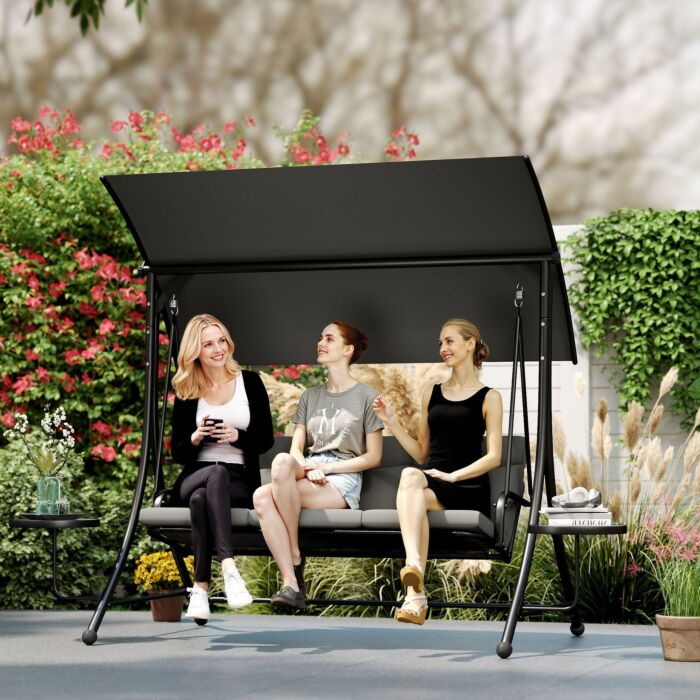 Outsunny 3 Seater Garden Swing Chair With Adjustable Canopy, Cushion And Coffee Tables For Outdoor Dark Grey