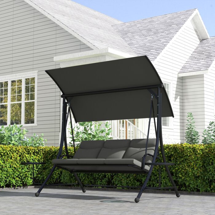 Outsunny 3 Seater Garden Swing Chair With Adjustable Canopy, Cushion And Coffee Tables For Outdoor Dark Grey