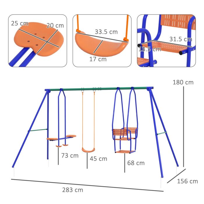 Outsunny 3 In 1 Metal Kids Swing Set With Swing Glider Rocking Chair Orange