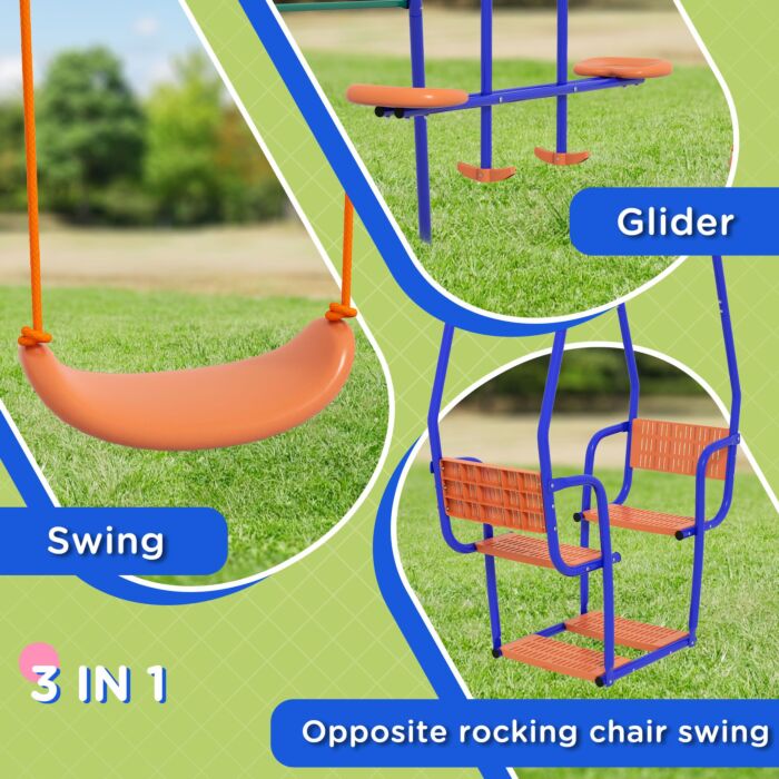 Outsunny 3 In 1 Metal Kids Swing Set With Swing Glider Rocking Chair Orange