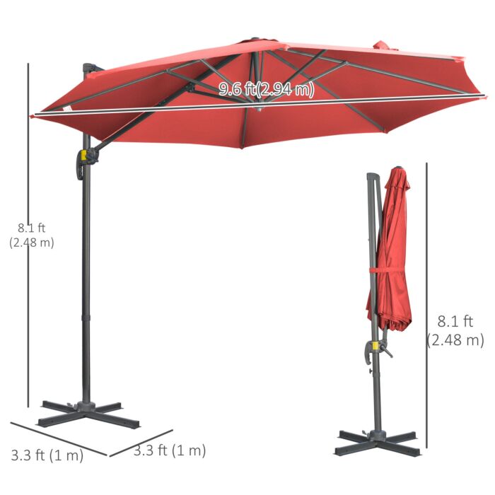 Outsunny 3 X 3(m) Cantilever Parasol With Cross Base Crank Handle - Wine Red
