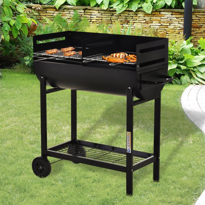 Outsunny Charcoal Barbecue Grill Garden Bbq Trolley W/ Dual Grill, Adjustable Grill Nets, Heat-resistant Steel, Wheels, Black