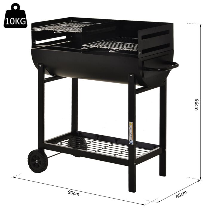 Outsunny Charcoal Barbecue Grill Garden Bbq Trolley W/ Dual Grill, Adjustable Grill Nets, Heat-resistant Steel, Wheels, Black
