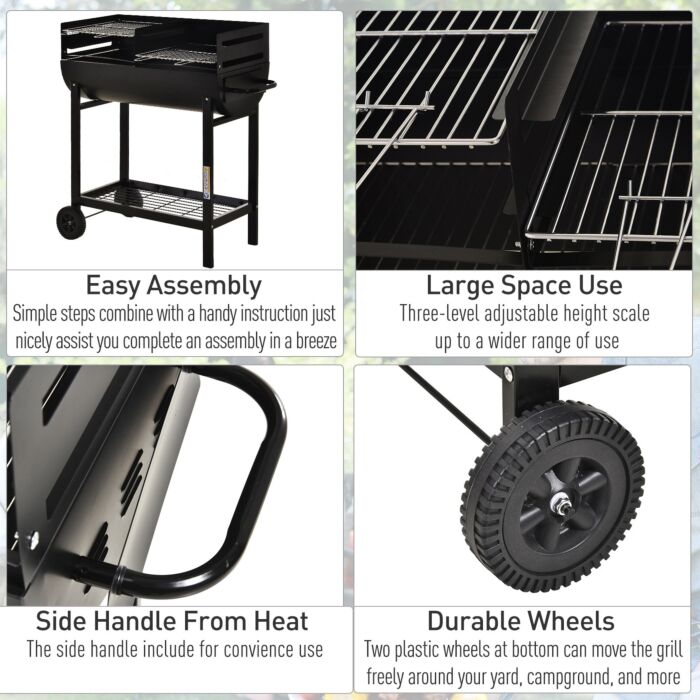 Outsunny Charcoal Barbecue Grill Garden Bbq Trolley W/ Dual Grill, Adjustable Grill Nets, Heat-resistant Steel, Wheels, Black