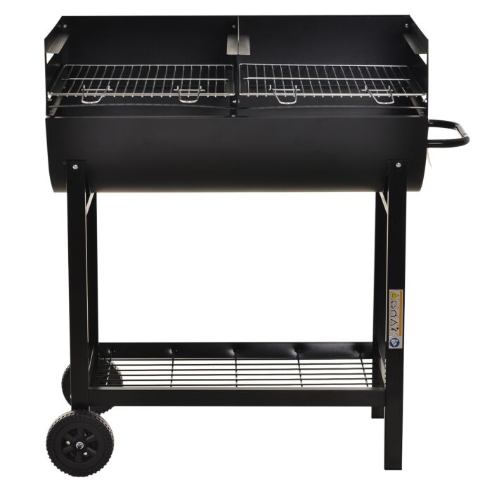 Outsunny Charcoal Barbecue Grill Garden Bbq Trolley W/ Dual Grill, Adjustable Grill Nets, Heat-resistant Steel, Wheels, Black
