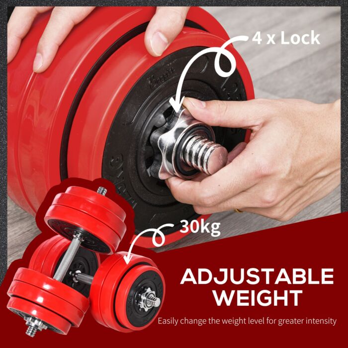Homcom 30kgs Two-in-one Dumbbell & Barbell Adjustable Set Strength Muscle Exercise Fitness Plate Bar Clamp Rod Home Gym Sports Area