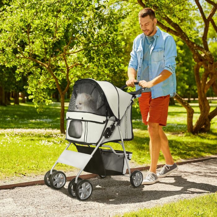 Pawhut Dog Pram Pet Stroller Dog Pushchair Foldable Travel Carriage With Wheels Zipper Entry Cup Holder Storage Basket Grey