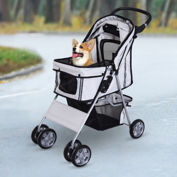 Pawhut Dog Pram Pet Stroller Dog Pushchair Foldable Travel Carriage With Wheels Zipper Entry Cup Holder Storage Basket Grey